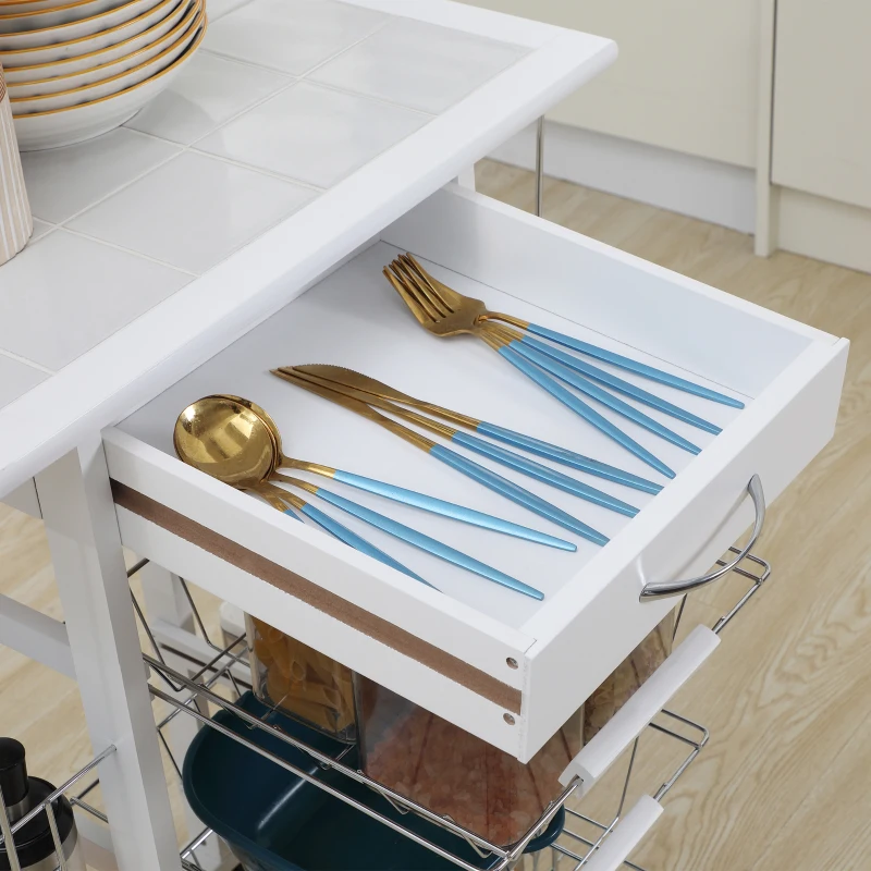 HOMCOM Carrello da Cucina con Cassetto, 4 Cesti e 4 Ripiani, in Metallo, Ceramica e Legno, 57x37x83 cm, Bianco