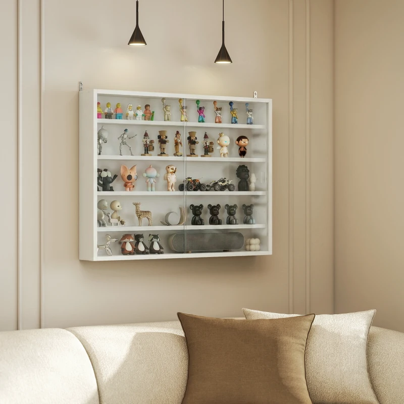 HOMCOM Vitrine de Parede com Prateleiras Ajustáveis e 2 Portas Corredeiras de Vidro para Coleções 80x9,5x60 cm Branco