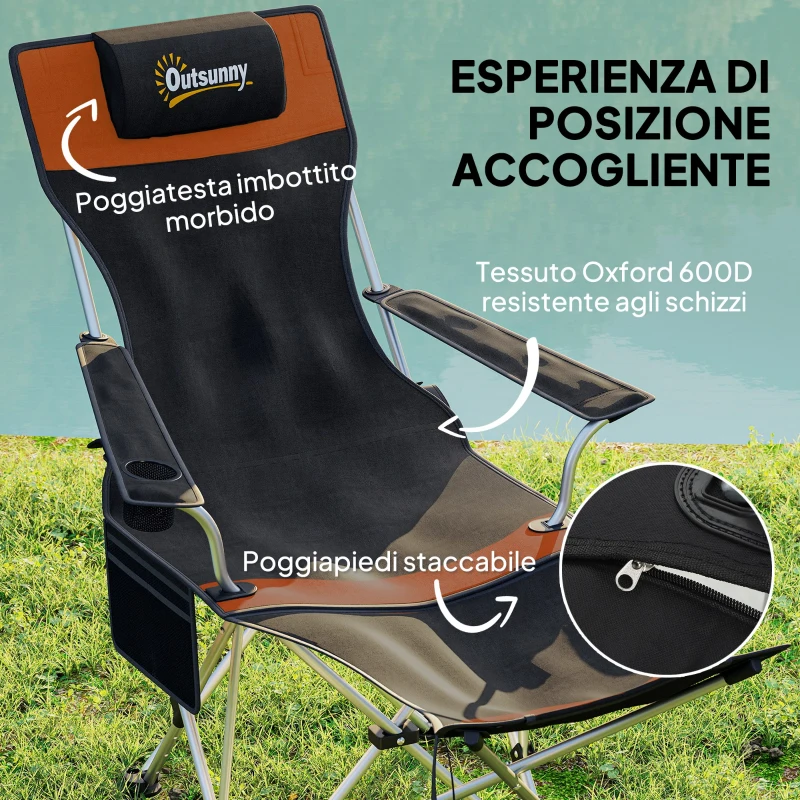 Outsunny Set 2 Sedie da Campeggio Pieghevoli con Poggiapiedi e Portabicchieri, 82x50/100x88 cm, Nero e Arancione