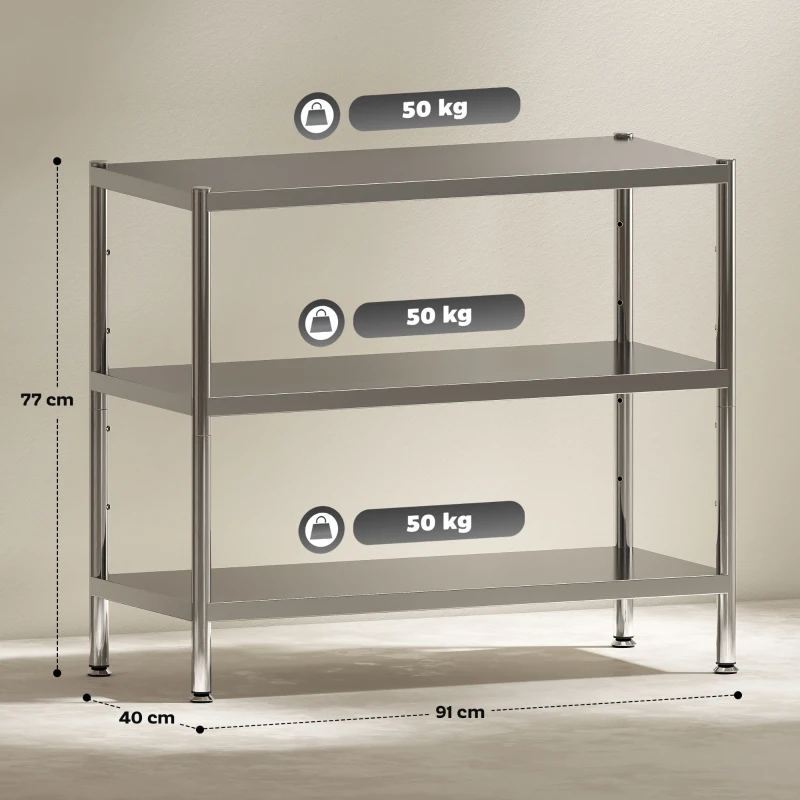 HOMCOM 3-Tier Bakers Rack with Storage, Stainless Steel Microwave Stand with Adjustable Shelves for Small Spaces, Kitchen Storage Unit for Spices, Pots and Pans, Silver Tone