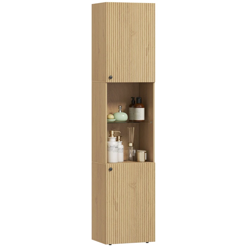 HOMCOM Armario de Baño Alto de 6 Niveles con 2 Puertas Estante de Vidrio Templado Estantes Ajustables 40x31x182 cm Roble