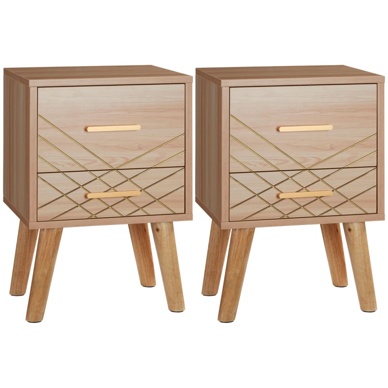 HOMCOM 2-Piece Scandinavian Bedside Tables with Drawers, Bedside Cabinets with Wood Legs, Natural
