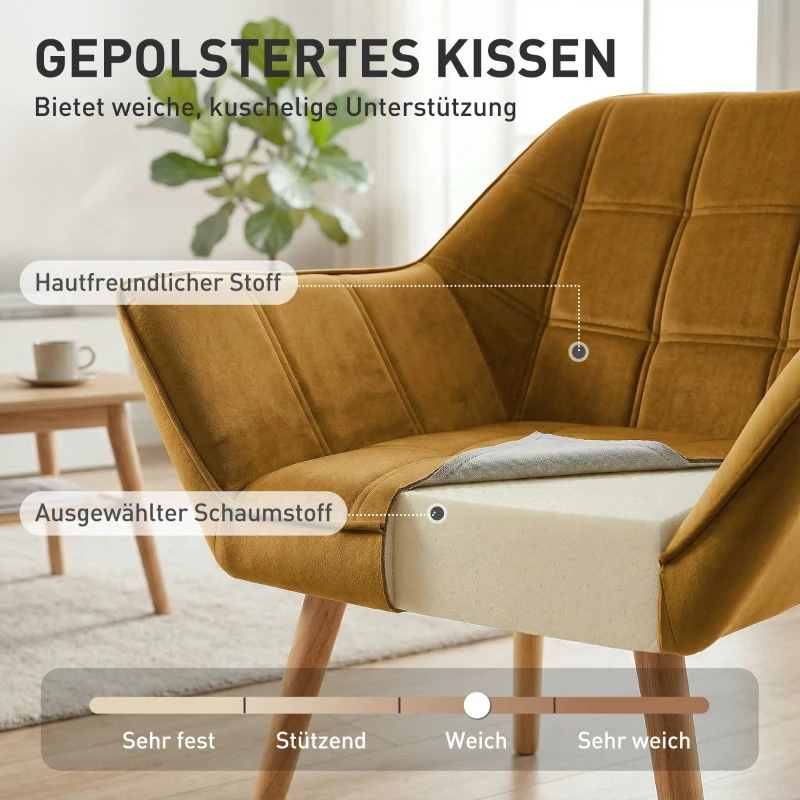 HOMCOM Gestoffeerde Stoel, Accentstoel, Scandi Ontwerp, Fluwelen Look, tot 120 kg, Rubberhout Poten, Geel