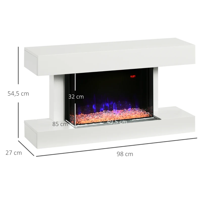 HOMCOM Chimenea Eléctrica 1000W/2000W con Temperatura Ajustable Silencioso Temporizador 15-25 m² 98x27x54,5 cm Blanco