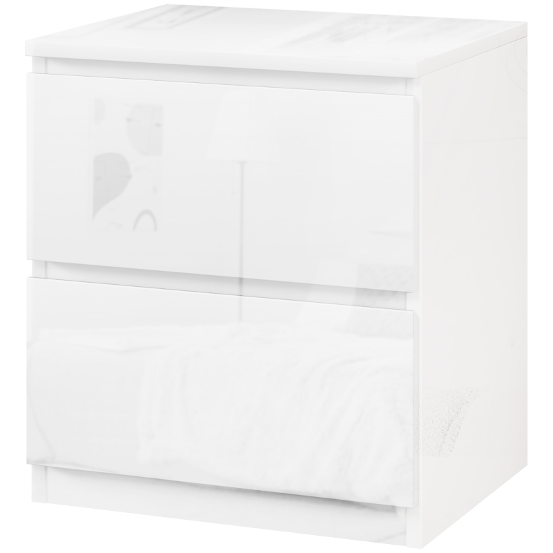 HOMCOM Mesa de Cabeceira Moderna Mesa de Cabeceira com 2 Gavetas Mesa de Cabeceira para Dormitório 40x34x45 cm Branco Brilhante