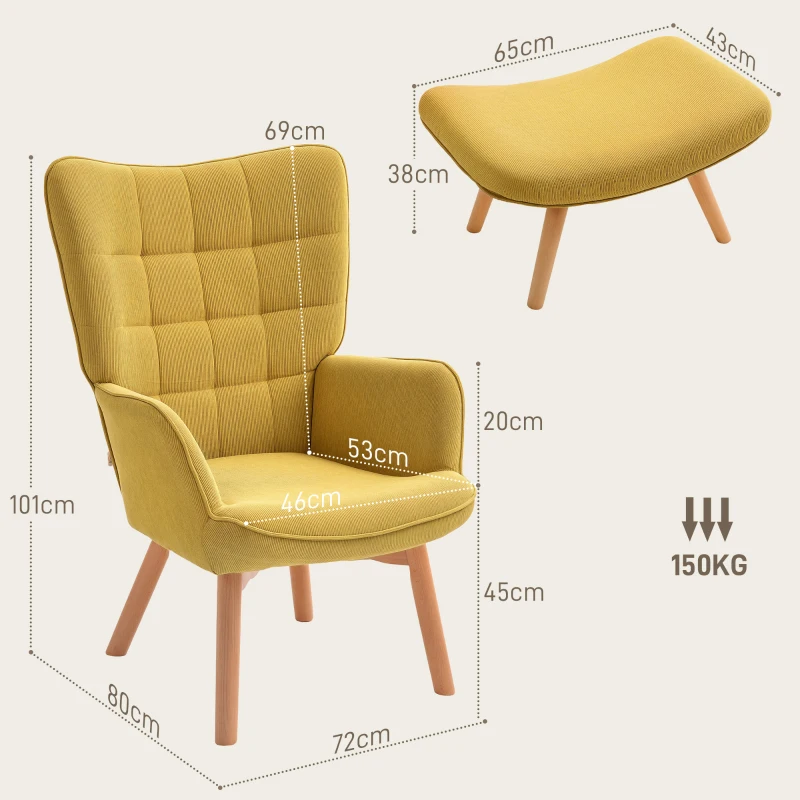 HOMCOM Accentstoel met Voetenbank, Relaxstoel in Corduroy Look, Armleunstoel met Houten Poten, voor Woonkamer, Oranje
