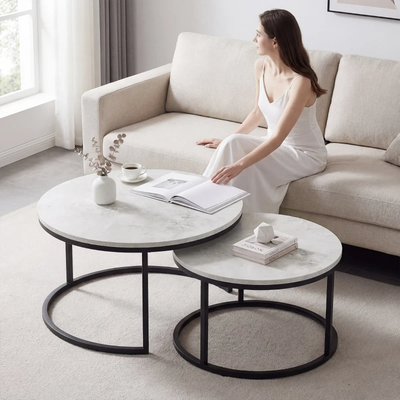 HOMCOM Set 2 Tavolini da Caffè Sovrapponibili Rotondi in Metallo e MDF Effetto Marmo, Grigio e Nero