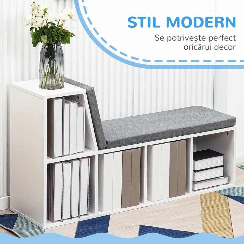 HOMCOM Bibliotecă cu 5 Rafturi Deschise și 2 Perne, Mobilier Modern din Lemn, pentru Living, Dormitor și Birou, Gri Alb