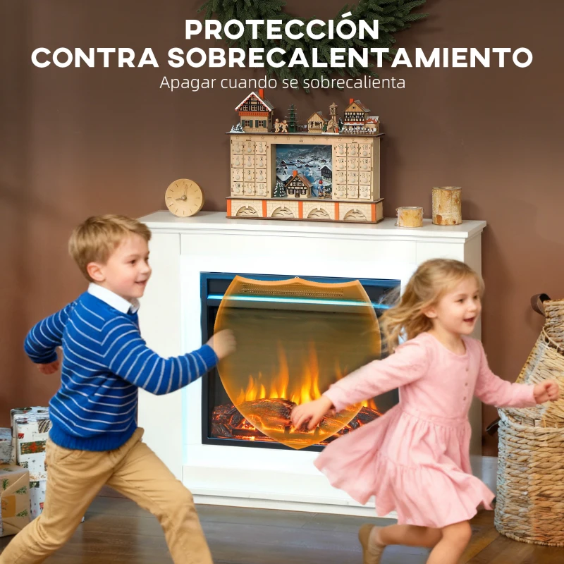 HOMCOM Chimenea Eléctrica 1000/2000W con Efecto de Llama de 5 Niveles de Brillo y 12 Colores para 30 ㎡ Blanco