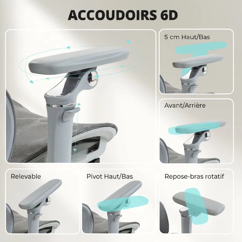 HOMCOM Chaise Bureau Ergonomique avec Accoudoirs 6D Appui-Tête et Profondeur d'Assise Réglables Maille Gris