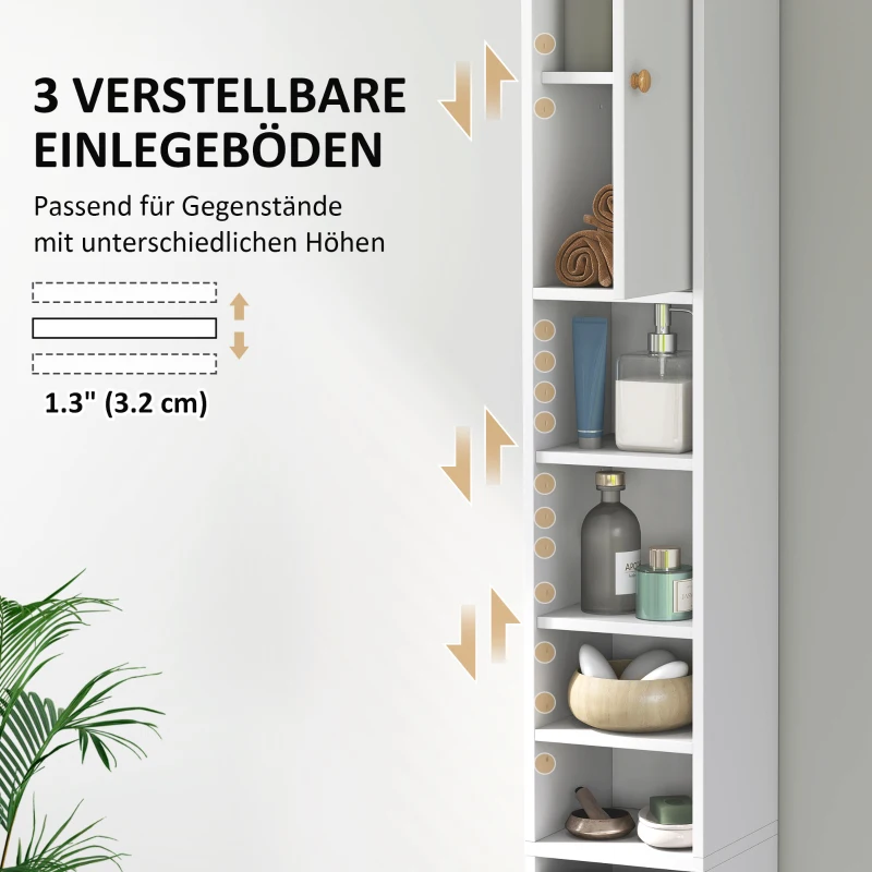 HOMCOM Badkamerkast, Hoog en Slank, Met Open en Gesloten Vakken, Wit