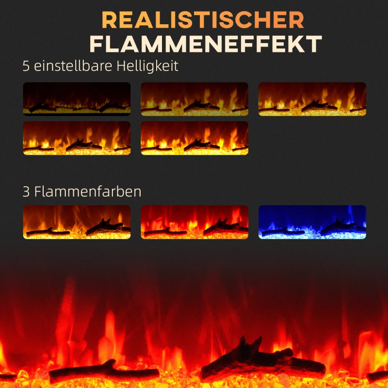 HOMCOM Elektrische Haard met Wandmontage en Afstandsbediening, Kunstmatige Houtblokken en Kristallen, 1800W Vermogen, Zwart(m-4)