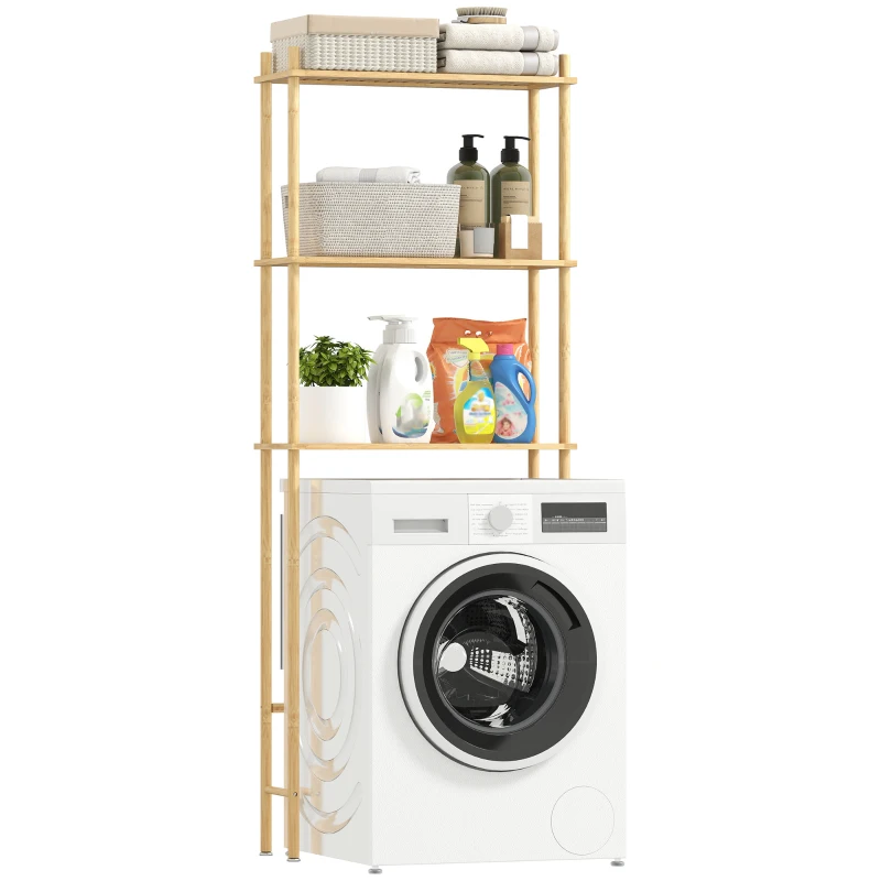 HOMCOM Ruimtebesparend Toiletregal 3 Niveaus, Natuurlijk Hout 69 x 25,5 x 181 cm