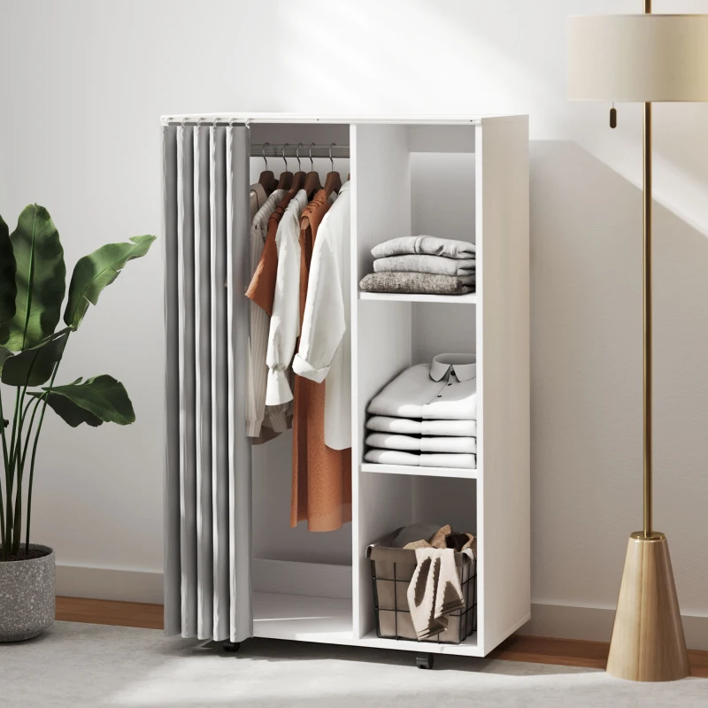 HOMCOM Armario Ropero con Ruedas Cortina Barra para Colgar 3 Estantes Abiertos para Dormitorio 80x40x128 cm Blanco