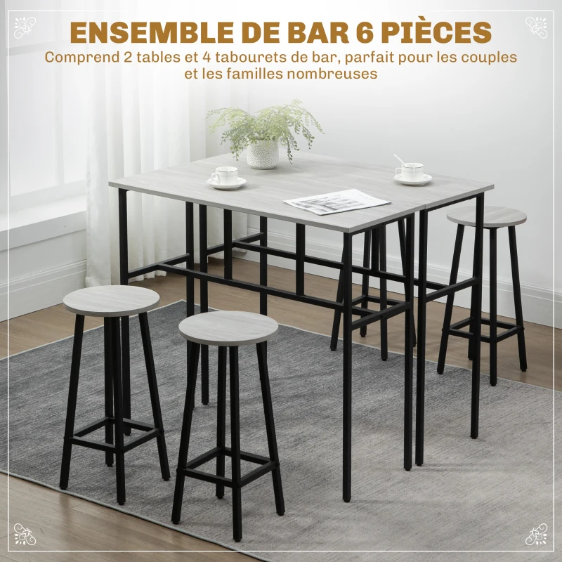 HOMCOM Ensemble table de bar style industriel 6 pièces, 2 tables hautes avec 4 tabourets - acier et panneaux de particules - 4 personnes