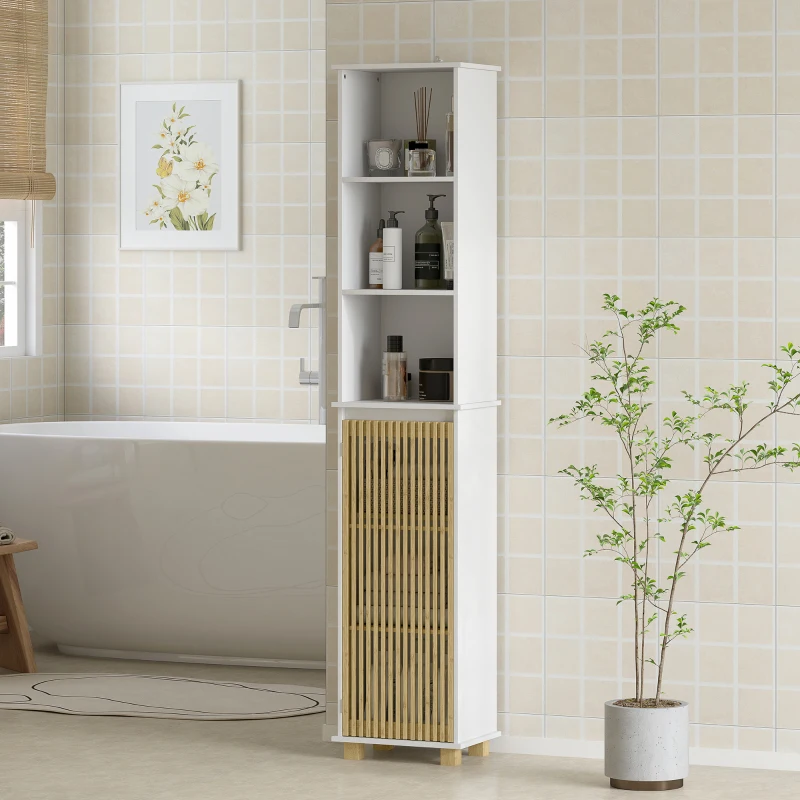 HOMCOM Colonne salle de bain, meuble salle de bain rangement avec porte à lattes en bambou et compartiments ouverts, blanc
