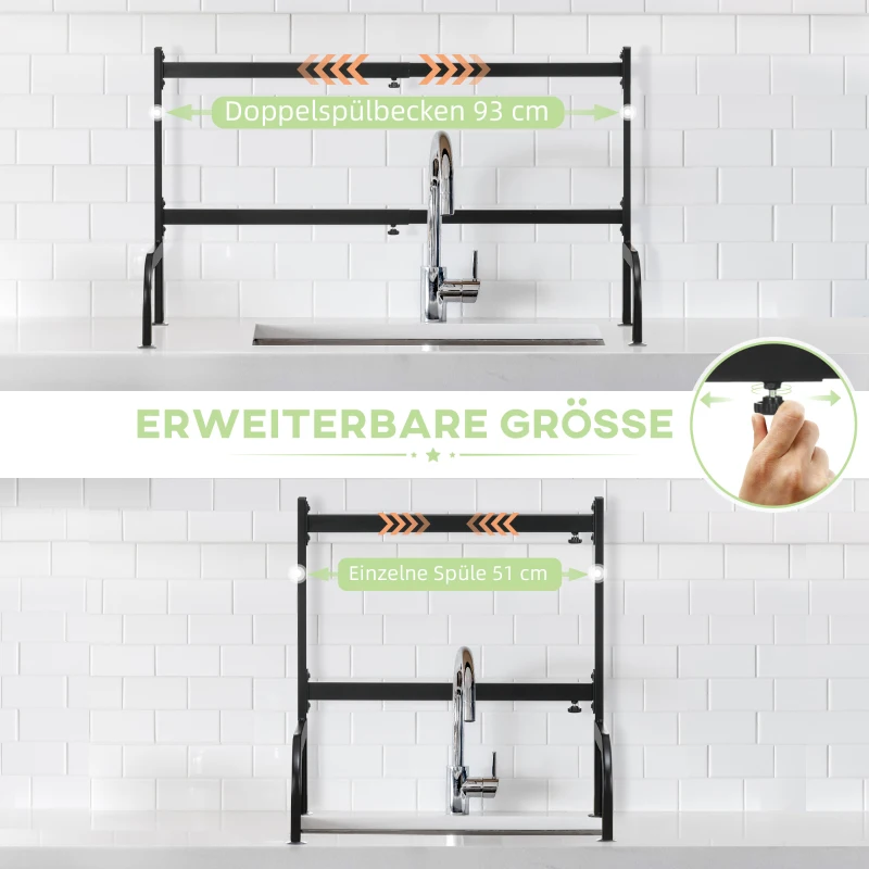 HOMCOM Afdruiprek voor vaat, in lengte verstelbaar van 51-93 cm, veel elementen, flexibele indeling, 93 x 30 x 52 cm, zwart