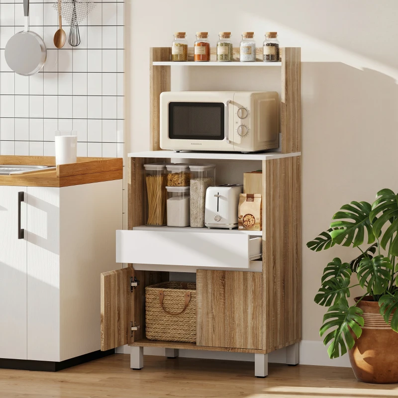 HOMCOM Meuble Micro-Ondes, Buffet Cuisine avec Tiroir, 2 Portes à Fermeture Douce, Plan de Travail et Étagères Ouvertes, Chêne