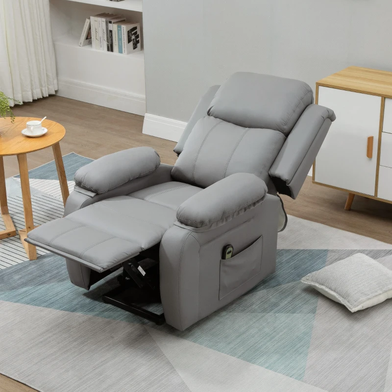 HOMCOM Elektrische opsta-fauteuil, afstandsbediening, kunstleerbekleding, gestoffeerde fauteuil met opsta-functie, Grijs