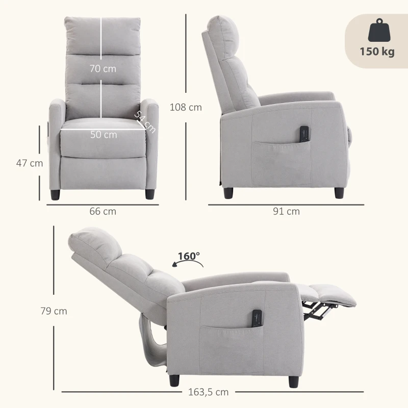 HOMCOM Sillón de Masaje Reclinable con Reposapiés 2 Zonas de Masaje Respaldo Alto Bolsillos Tapizado en Chenilla Gris