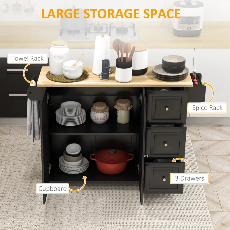 HOMCOM Kitchen Island with Drop Leaf, Rolling Kitchen Storage Trolley on Wheels with 3 Drawers, Black