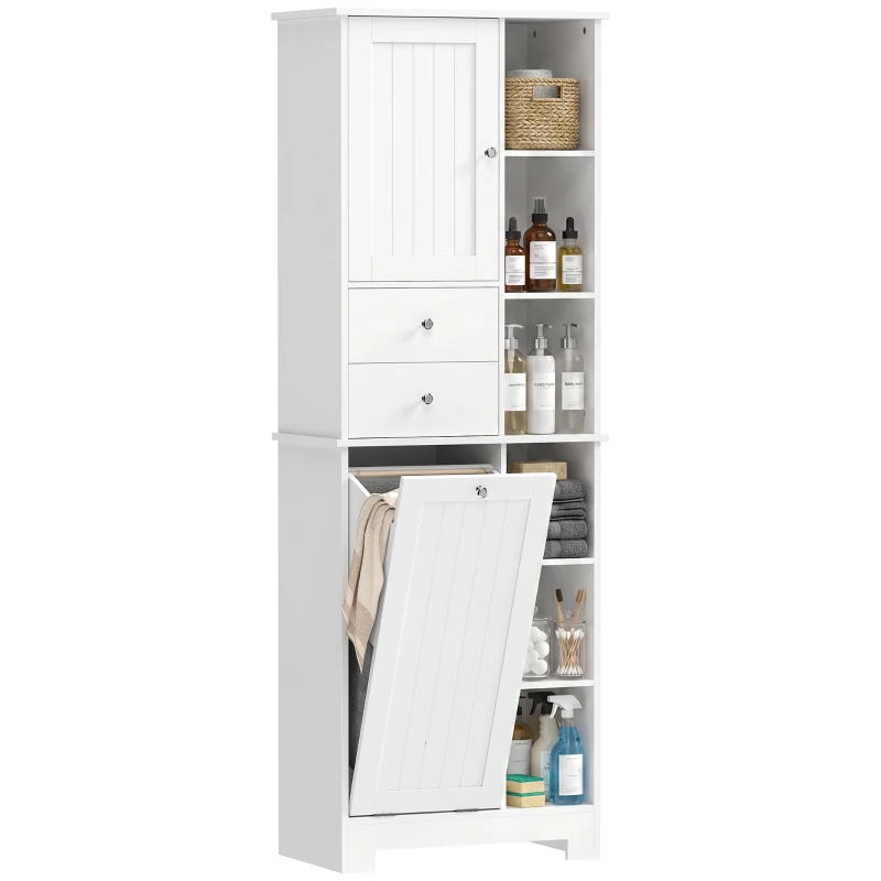 HOMCOM Badkamerkast 171 cm hoog, smalle kast met uitschuifbare wasmand en 2 lades, wit
