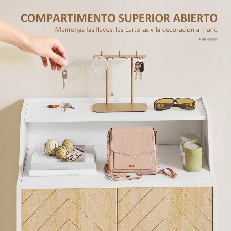 HOMCOM Zapatero Entrada Recibidor con 2 Puertas Estantes Ajustables y Compartimento Abierto 75x35x104 cm Blanco y Natural