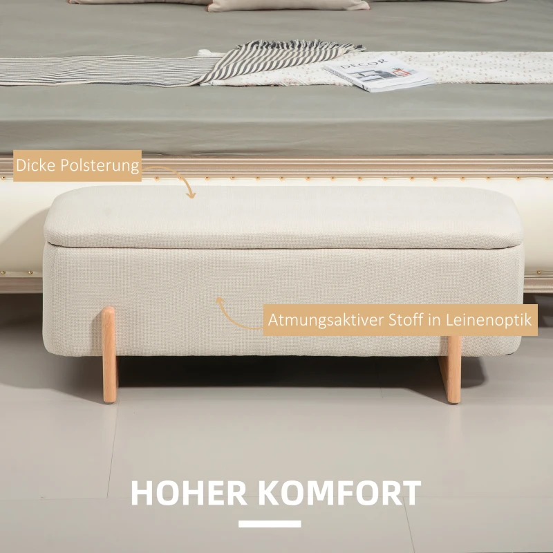 HOMCOM Bank met opbergruimte, gestoffeerde bank in linnenlook, opbergbank met veiligheidsscharnieren, houten poten, bedbank/opbergkist voor woonkamer, slaapkamer of hal, 111 x 44 x 44,5 cm, crèmewit(m-5)