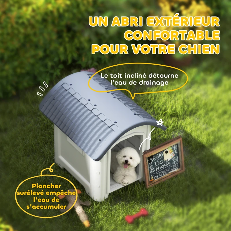 PawHut Niche pour Chien Extérieur, Maison pour Chien en Plastique avec Sol Surélevé et Amovible, Toit Imperméable, Gris