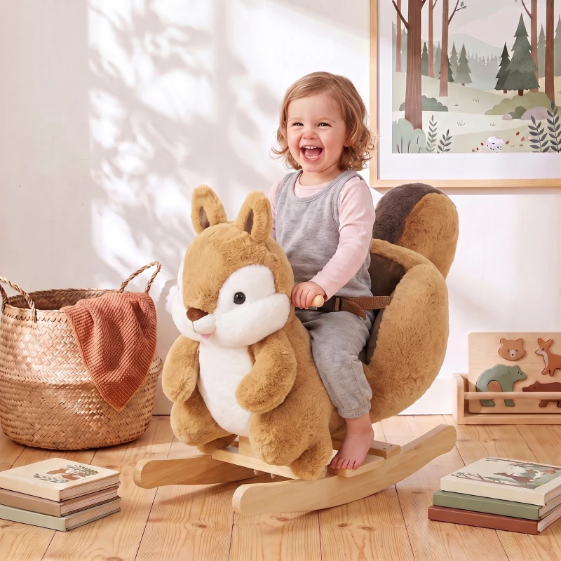 AIYAPLAY Cheval à bascule pour enfants 1-3 ans en peluche en forme d'écureuil, sons, ceinture de sécurité, marron