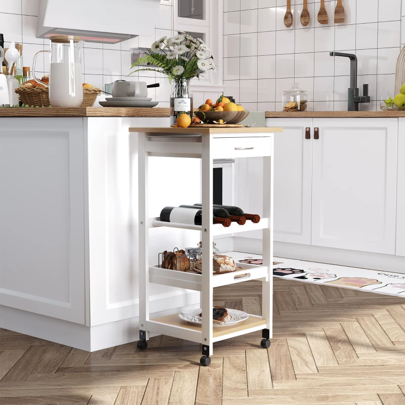 HOMCOM Carrito de Cocina Carro de Servicio Multifuncional de 4 Niveles con Ruedas Cajón Estantes y Botellero 37x37x76 cm Blanco