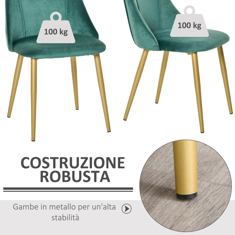 HOMCOM Set 2 Sedie da Pranzo Imbottite Moderne con Rivestimento e Schienale, Gambe in Ferro da Cucina, Salotto o Soggiorno in Stile Moderno, Verde, 50x56.5x85cm