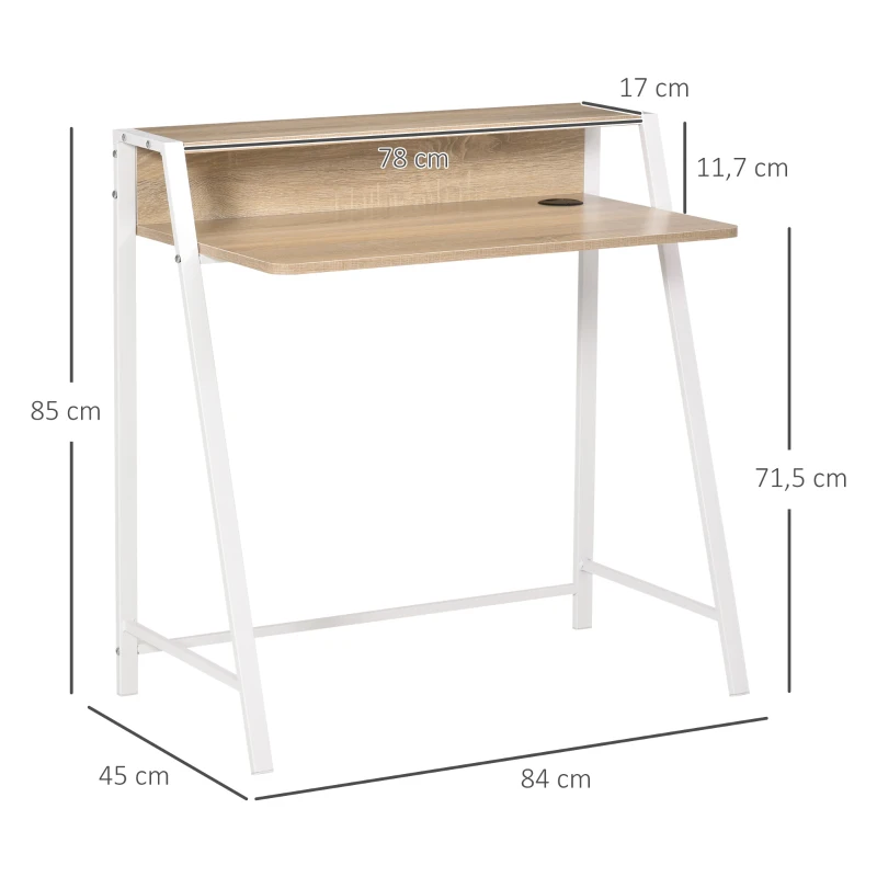 HOMCOM bureau, computertafel, bureau, werktafel met kabeldoorvoer, lade, MDF metaal wit + eik 84 x 45 x 85 cm
