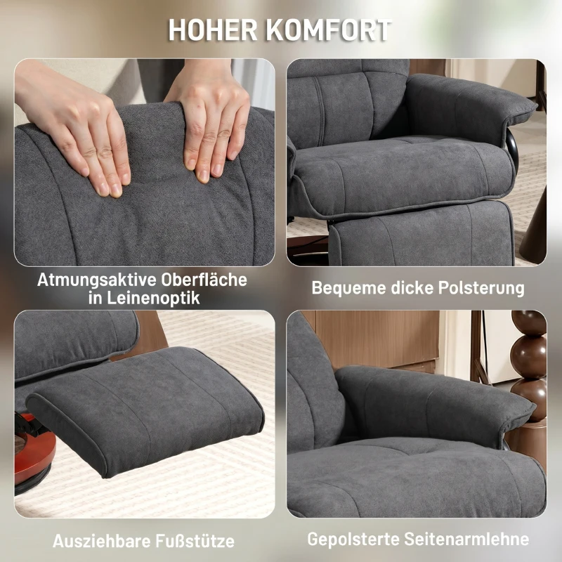 HOMCOM Draaibare relaxfauteuil, linnenlook, handmatig verstelbaar, met houten voet, voetensteun, hoge rugleuning, grijs