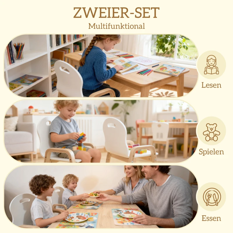 AIYAPLAY houten stoelset voor kinderen, antislip voetpads, 3-15 jaar, in hoogte verstelbaar, Wit