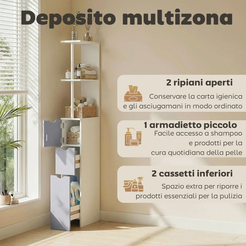 HOMCOM Colonna Bagno, Mobile Bagno Salvaspazio in Legno, Mobiletto con Armadietto, Ripiani e Cassetti, 15x33x136.8 cm, Grigio Chiaro