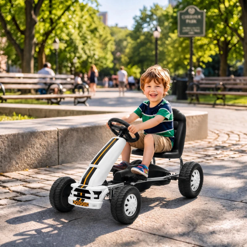 AIYAPLAY Go Kart para Niños de +3 Años con Asiento Ajustable Volante Freno Manual Marco de Aluminio y Acero Carga 30 kg Blanco
