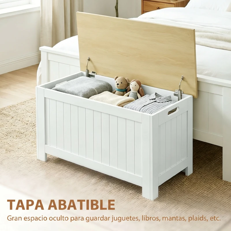 HOMCOM Baúl de Almacenaje 90 L con Tapa Baúl de Almacenaje Versátil con Bisagra de Seguridad 80,5x40x46,4 cm Natural y Blanco