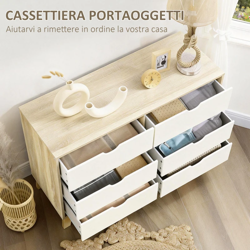 HOMCOM Cassettiera 6 Cassetti con Maniglie Intagliate in Legno, 120x40x76 cm, Bianco e Rovere