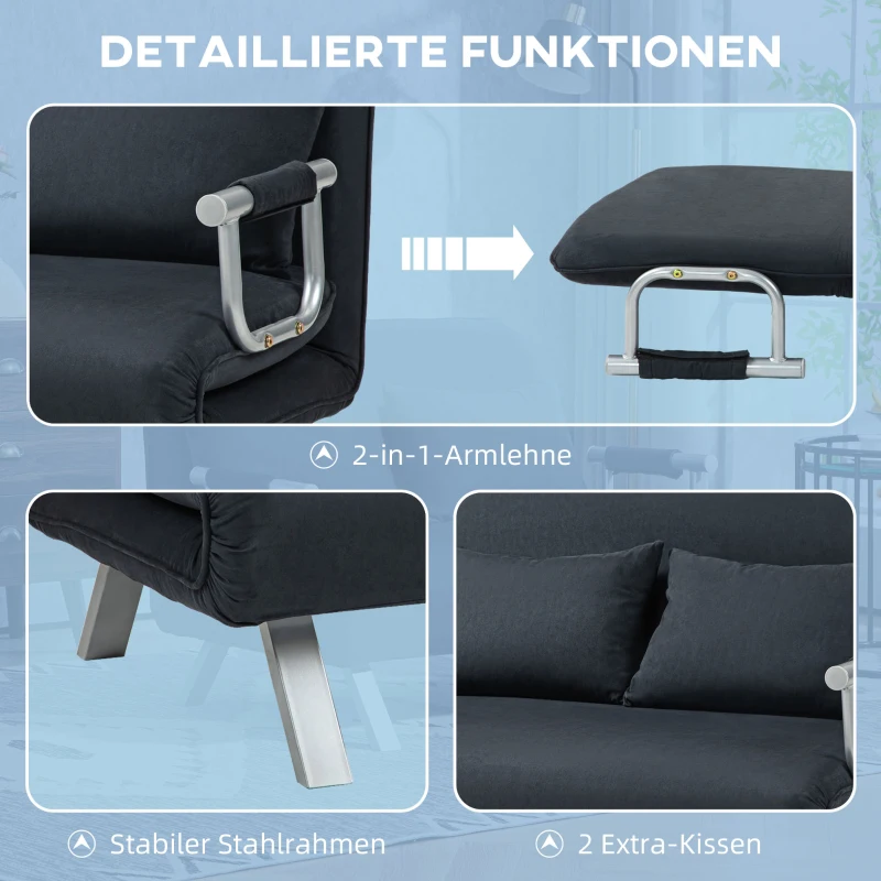 HOMCOM Slaapbank, 5-voudig verstelbaar, suède-imitatie, stalen frame, incl. kussens, zwart