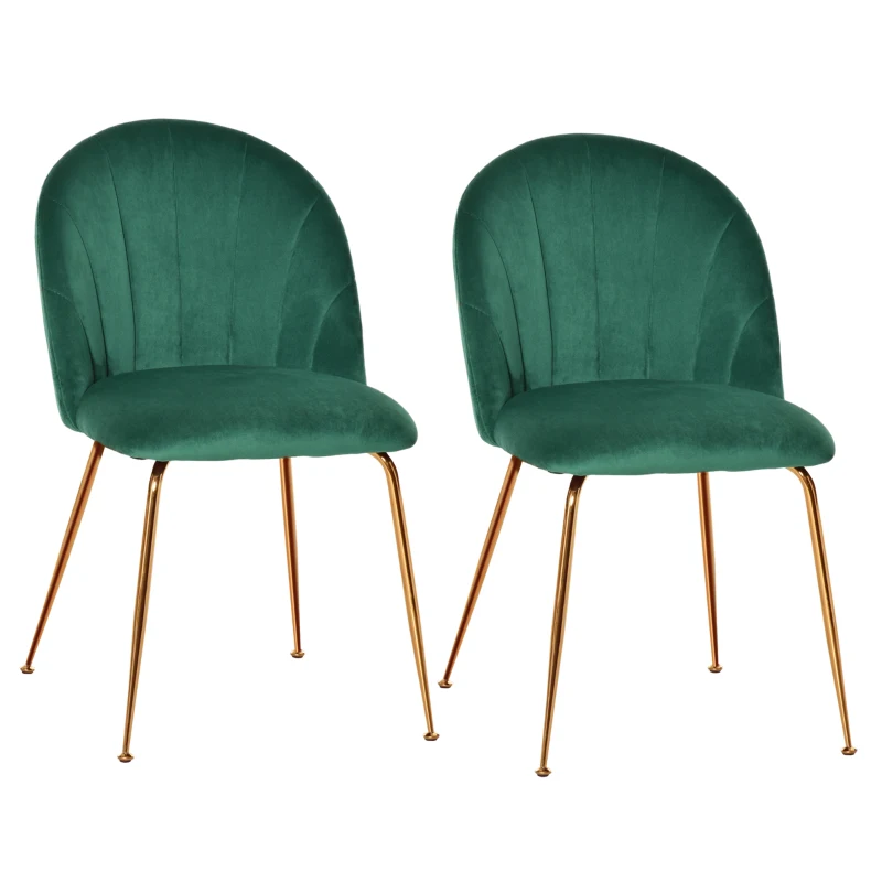 HOMCOM set van 2 keukenstoelen eetkamerstoelen met rugleuning polyester stof metalen poten groen + goud 52 x 52 x 81 cm