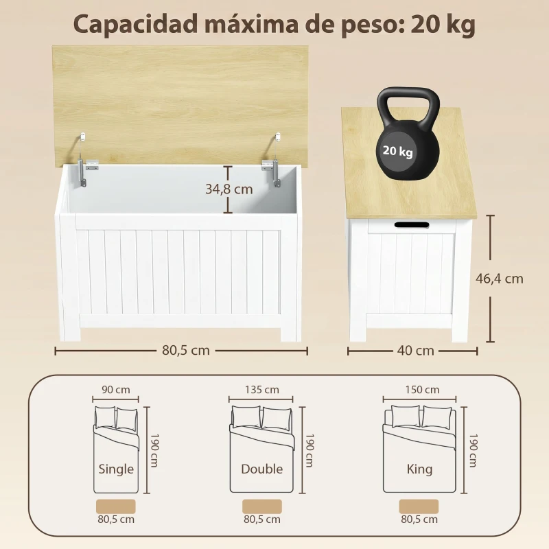 HOMCOM Baúl de Almacenaje 90 L con Tapa Baúl de Almacenaje Versátil con Bisagra de Seguridad 80,5x40x46,4 cm Natural y Blanco