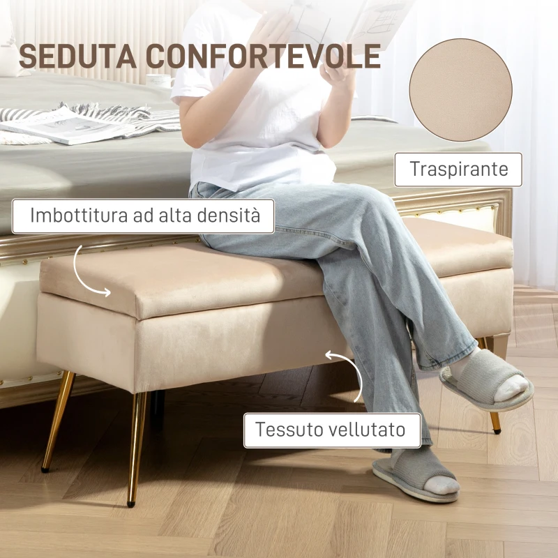 HOMCOM Panca Fondoletto Imbottita da 30.5L con Gambe Affusolate, in Tessuto Effetto Velluto, 102x35x43 cm, Beige