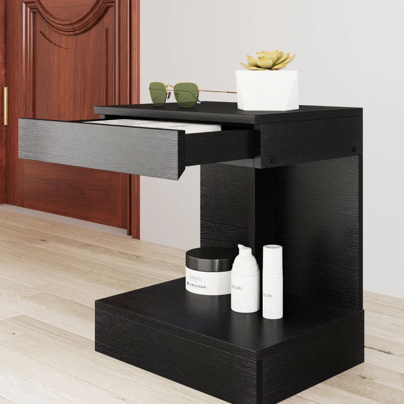 HOMCOM Nachtkastje, Bijzettafel met Lade en Open Opbergruimte, Modern Sofa Tafel met Schap voor Verschillende Ruimtes, Zwart