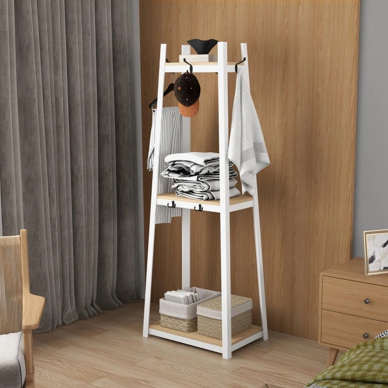 HOMCOM Perchero de Pie con 3 Estantes Perchero para Ropa con 6 Ganchos y Estantes de Almacenaje 61x41x165 cm Natural y Blanco