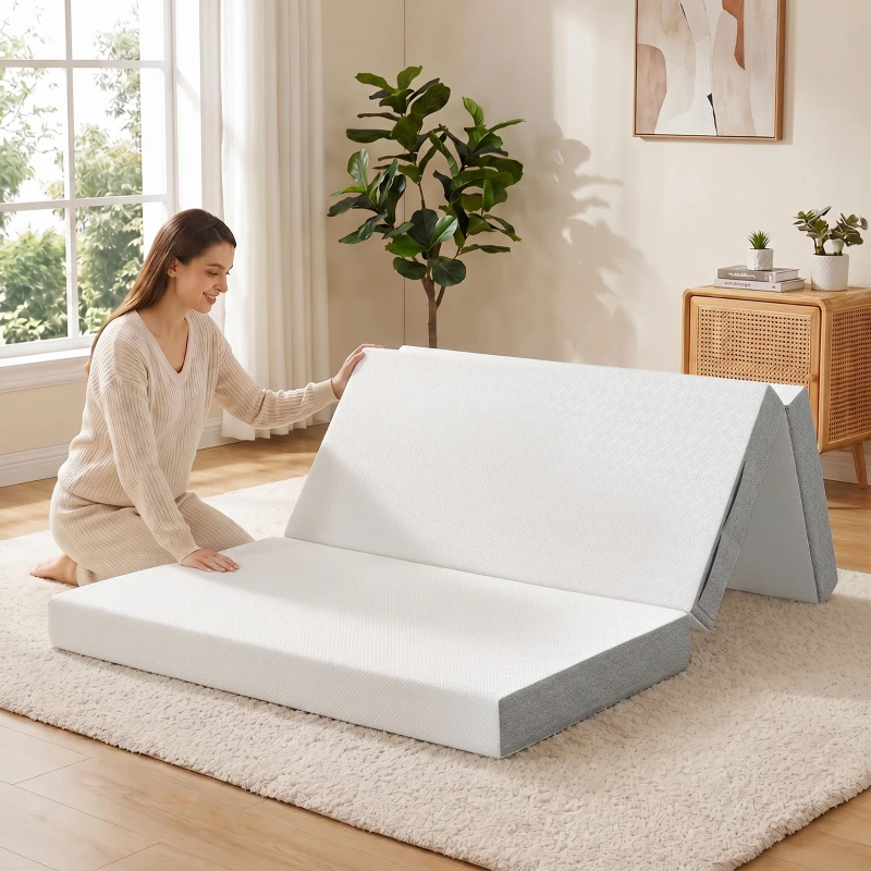 HOMCOM Matelas Pliant en 3 Parties, 140x190x15cm, Matelas d'Appoint en Mousse à Mémoire de Forme au Gel, Blanc