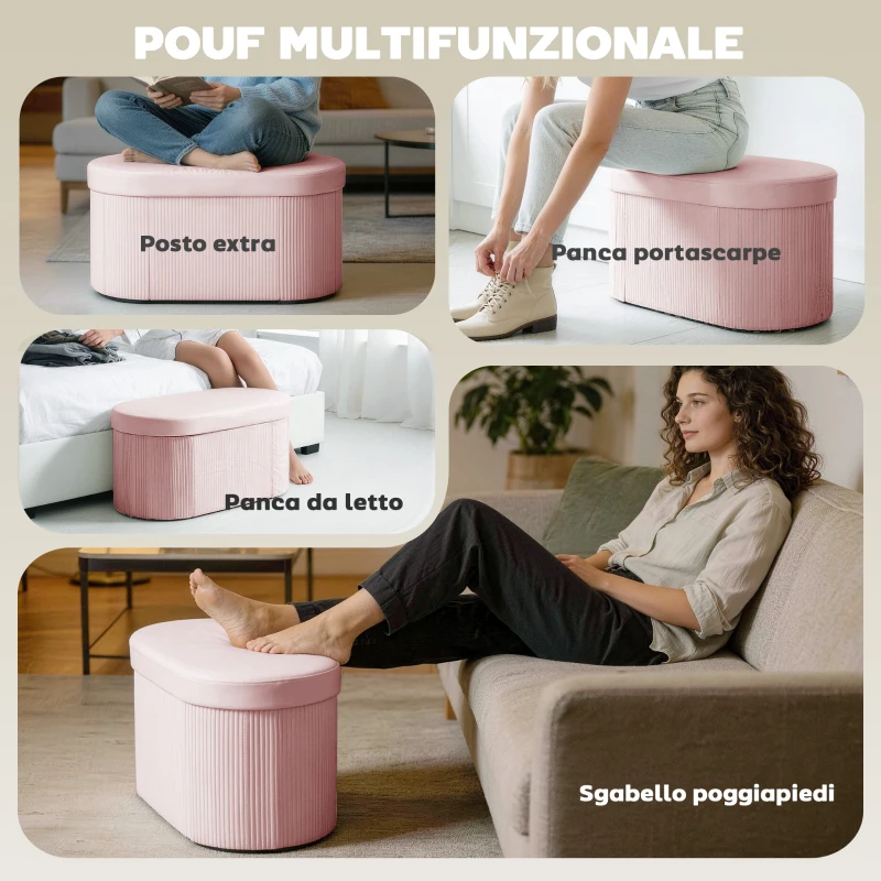 HOMCOM Pouf Contenitore Pieghevole con Vano da 72L e Rivestimento in Velluto, 76x38x35 cm, Rosa