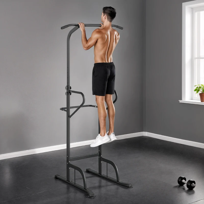 HOMCOM Power Tower Dip Station, Barre de traction, Barre de dips, Hauteur Réglable, Poignées en Forme U, 98x102x180-212cm, Noir