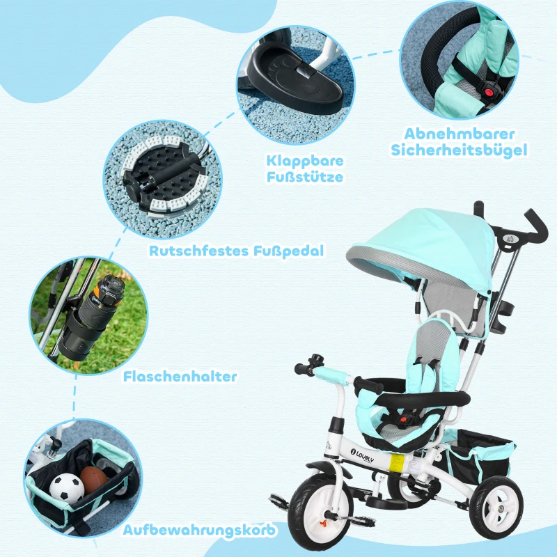 HOMCOM 6-in-1 Kinderdriewieler met Duwstang, Zonnedak, Veiligheidsgordel, Opbergmand, voor Kinderen van 1-5 Jaar, Groen