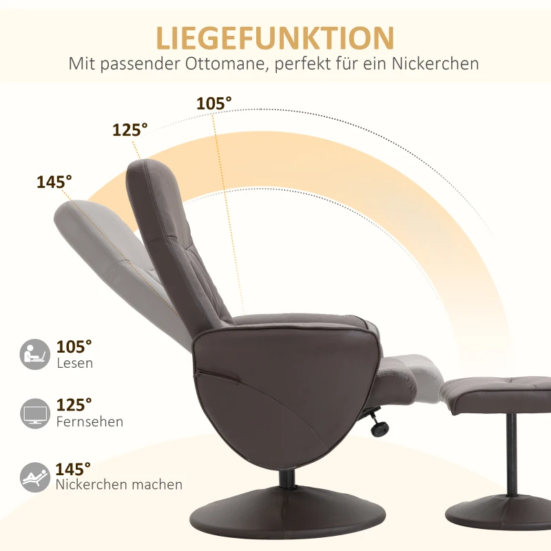 HOMCOM 2-delige Stoelset, Stoel met Hocker, Relaxstoel met Hocker, handmatig verstelbaar, neigbare rugleuning, Bruin
